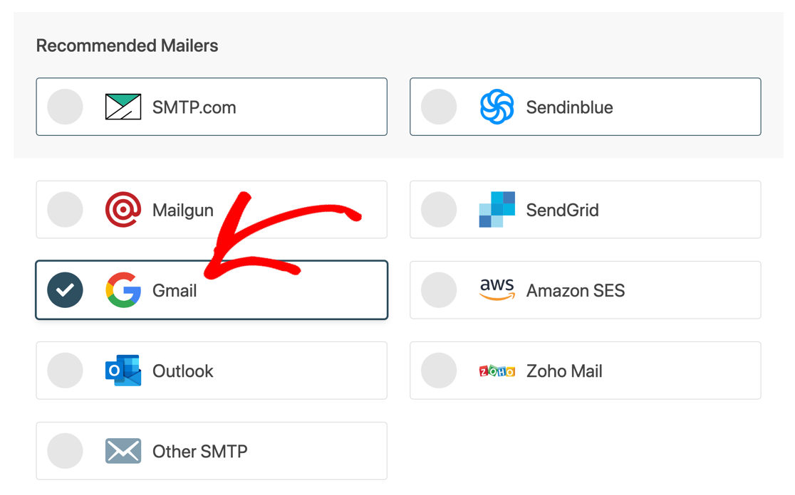 WPメールSMTPセットアップウィザードでGmailを選択します
