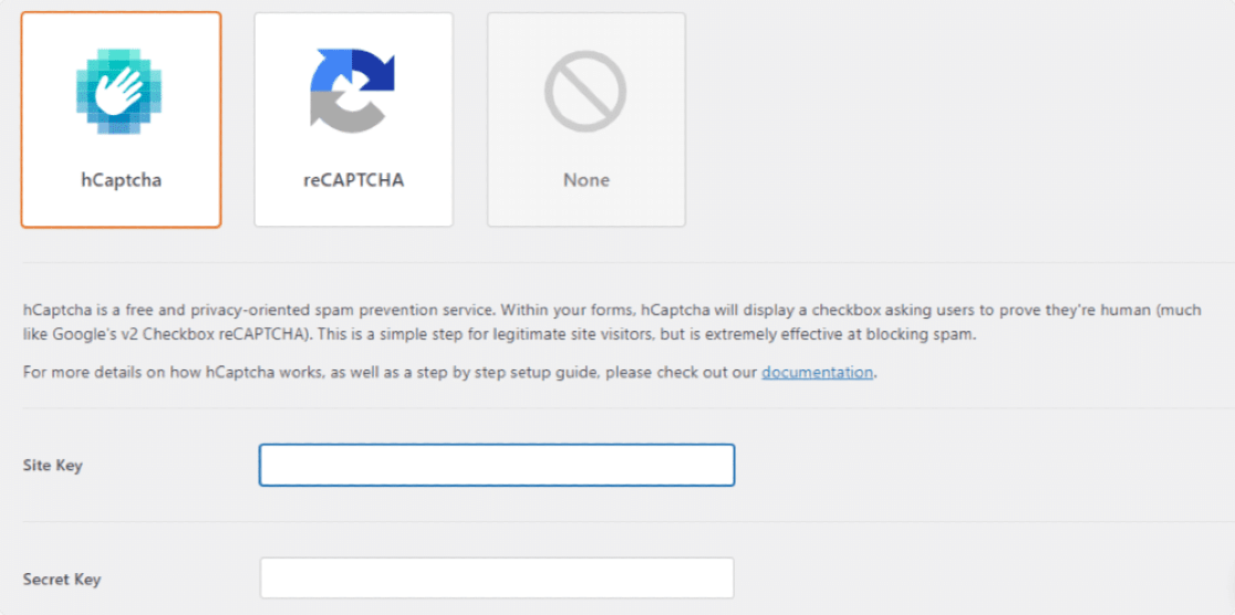 Site-Key- und Secret-Key-Option für hCaptcha-Typ