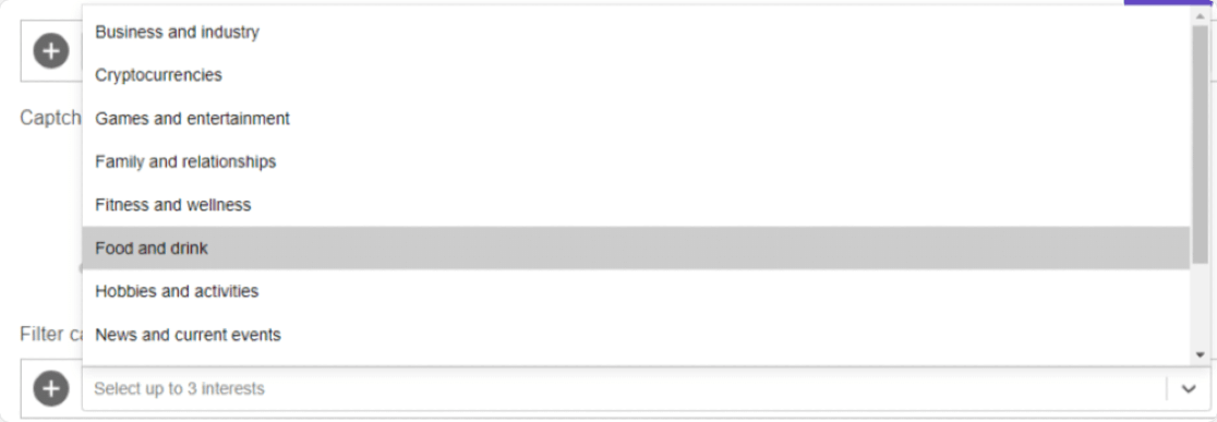 Option zum Einstellen des Captcha-Filters