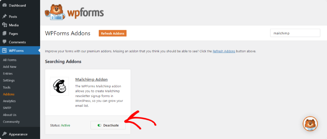 activer l'addon wpforms mailchimp pour l'utiliser avec wordpress